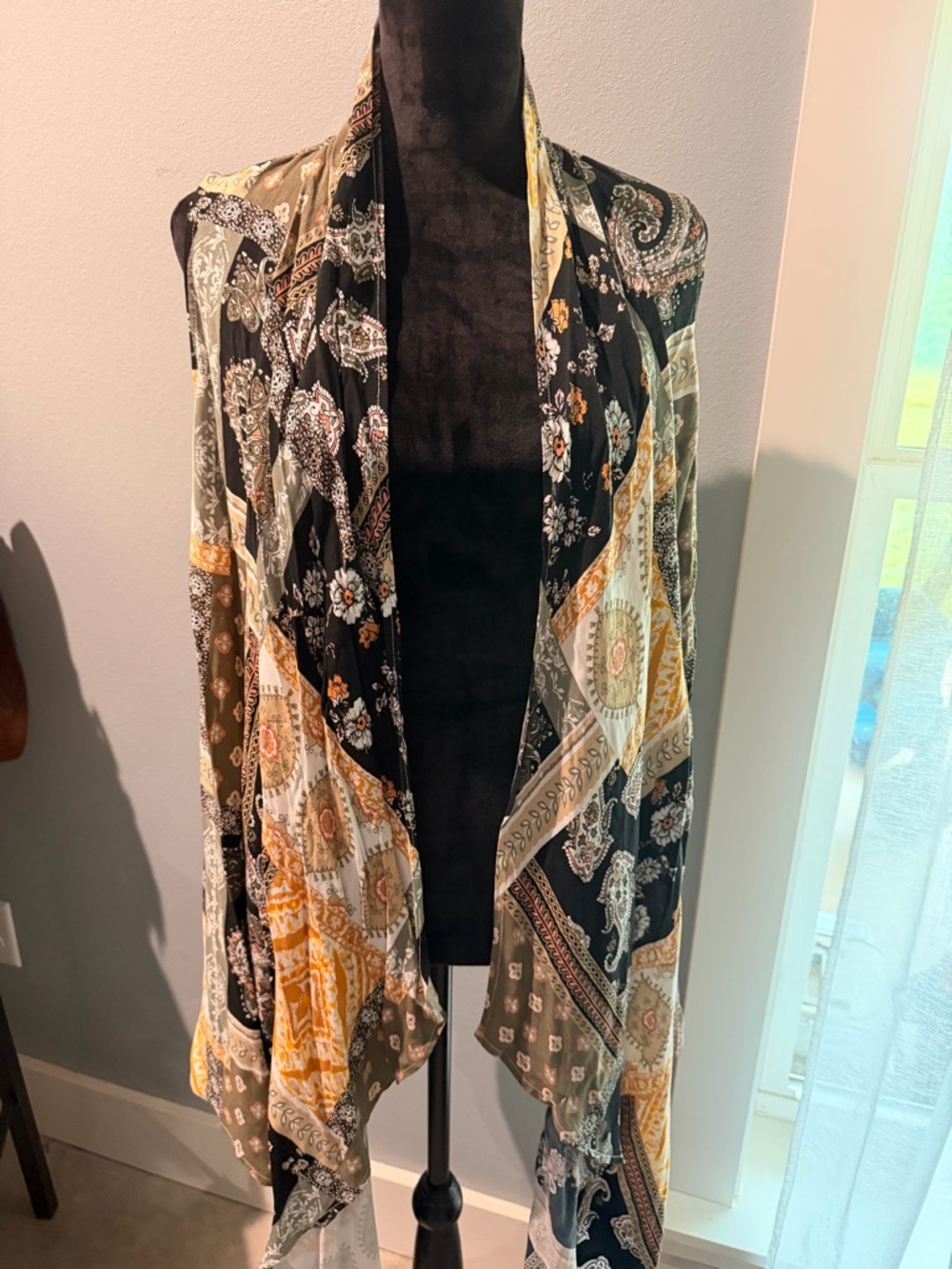 Open-Front Floral Paisley Patchwork Shaw Duster Bathingsuit Cover Soft Flowy L